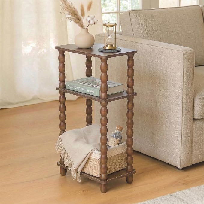 dreampossible Narrow Side Table 3-Tier, Skinny End Table with Solid Wood Legs for Small Spaces, Slim Console Table Nightstand for Living Room Bedroom Sofa Gap, Thin Bedside Table with Storage Shelf