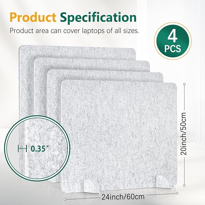 DOLLAR BOSS 4PCS Acoustic Desk Dividers 24" x 20", Soundproof Freestanding Privacy Panels for Table, Noise Reducing Desktop Partition for Office, Home, Classroom with 20 Pushpins, Light Grey