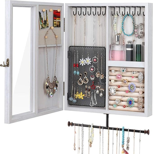 Keebofly Wall Mounted Jewelry Organizer With Rustic Wood Large Space Jewelry Cabinet, Holder, Storage Box for Necklaces, Earrings, Bracelets, Ring Holder, and Accessories White