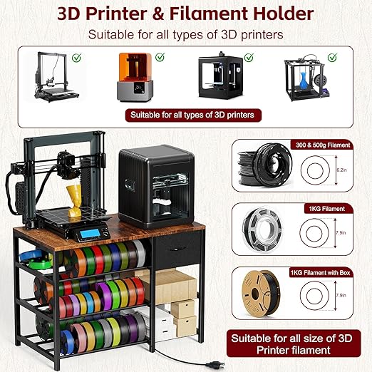 3D Printer Stand with Filament Storage Rack, 3D Printer Table with Power Outlet, 3-Tier Filament Holder with Drawer, 3D Printer Filament Stand Organized for Office Workshop Studio Office