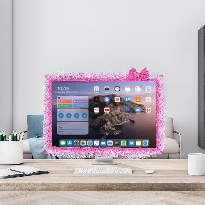 2 Pack Cute Computer Monitor Cover, 23''-26'' Elastic Monitor Dust Cover with Bow Knot, Lovely Monitor Accessories Screen Monitor Decoration for Tablet (Red)