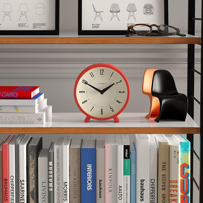 JONES CLOCKS® Venus Desk Clock | Modern Round Design | Red | Stylish Retro Look for Shelf, Table, Mantel or Bedside