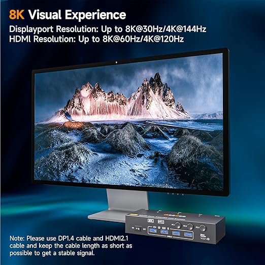 HDMI Displayport KVM Switch 3 Computers 2 Monitors, 8K@60Hz/4K@144Hz Dual Monitor KVM Switch for 3 PCs Share 2 Monitors, with 4 USB3.0 Ports, USB Cables and Power Adapter,Black 13cm HDMI DP KVM