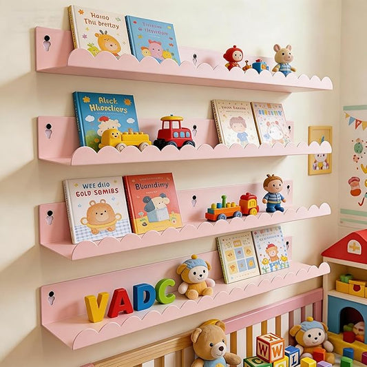 24 Inch Nursery Book Shelves Set of 4, Pink Metal Floating Shelves for Wall, Scalloped Cloud Book Shelf for Kids Room, Bathroom, Bedroom, Playroom Wall Decor & Storage