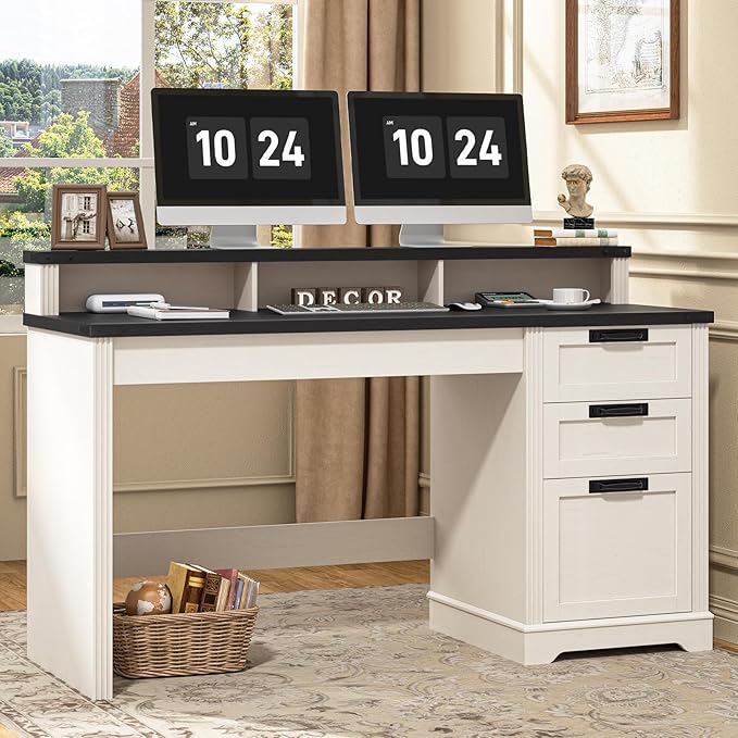 Vabches 55" Farmhouse Executive Desk with 3 Drawers, Wooden Computer Desk, Home Office Desk with File Drawer (Fits A4 Size) for Work and Study, White and Black