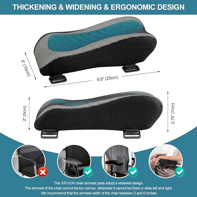 Office Chair Armrest Pads, Cooling Gel Computer Chair Arm Pads, Memory Foam Ergonomic Armrest Cushion for Gaming (2 Pack)