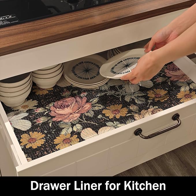 Black Retro Floral Shelf Drawer Liner for Kitchen Cabinets Non-Adhesive, Waterproof Strong Non-Slip Shelf Cabinet Drawer Liners for Dresser Table Cupboard Liners,Easy to Clean,12IN x 10FT