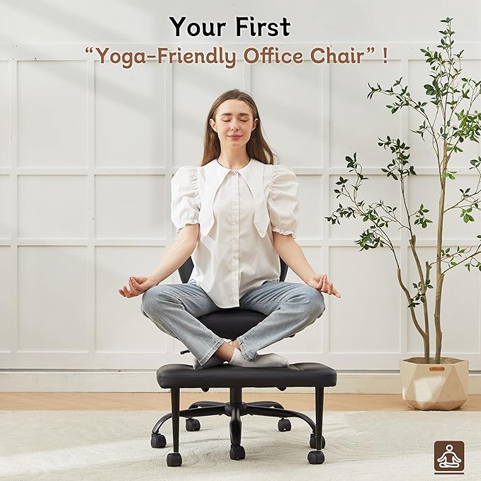 Ergonomic Criss Cross Legged Office Chair, ADHD Chair, 360° Swivel Meditation Kneeling Chair with Wheels, Adjustable Footrest, Bigger & Wider Height Adjustable Seat, Strong Lumbar Support, Black PU