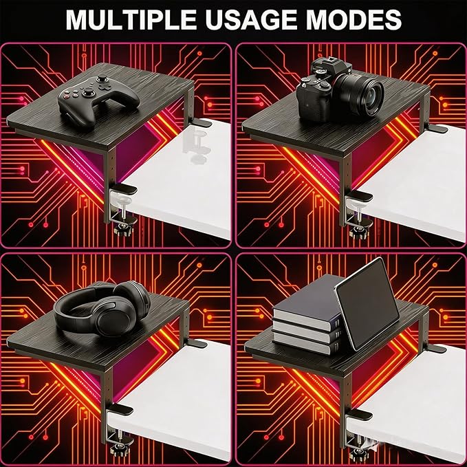 Clamp-On Desk Extender & Monitor Riser Shelf, Heavy Duty 44lbs Load, Adjustable Height, No Drill Installation for Office, Gaming PC & Home Workspace (Black)