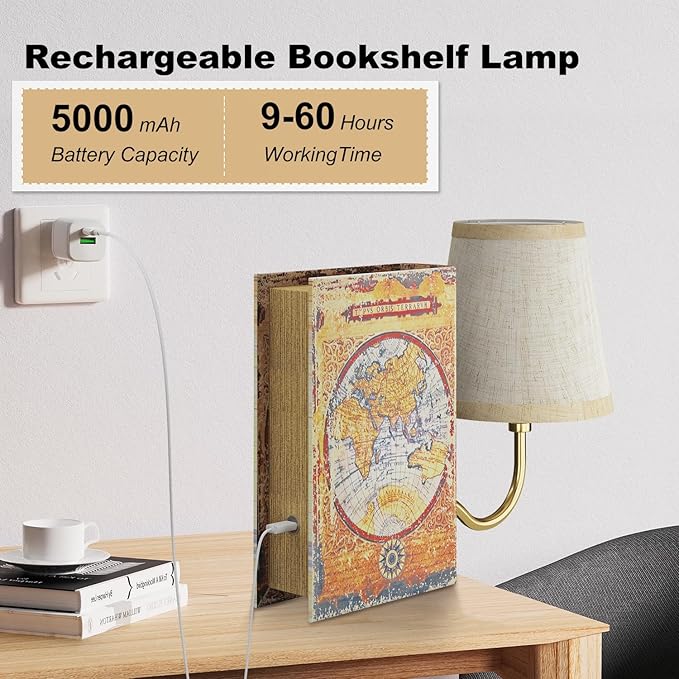 Gold Warm Light Vintage Bookshelf Lamp Rechargeable, Cordless Bookcase Lamp with Linen Shade, Dimmable Touch Control Table Lamp, Modern Decorative Bookend, Bookshelf Lights for Office Home