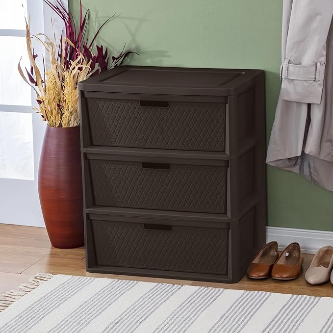 Brown Storage Drawer, 3 Drawer Plastic Weave Wide Tower with Pull Handles