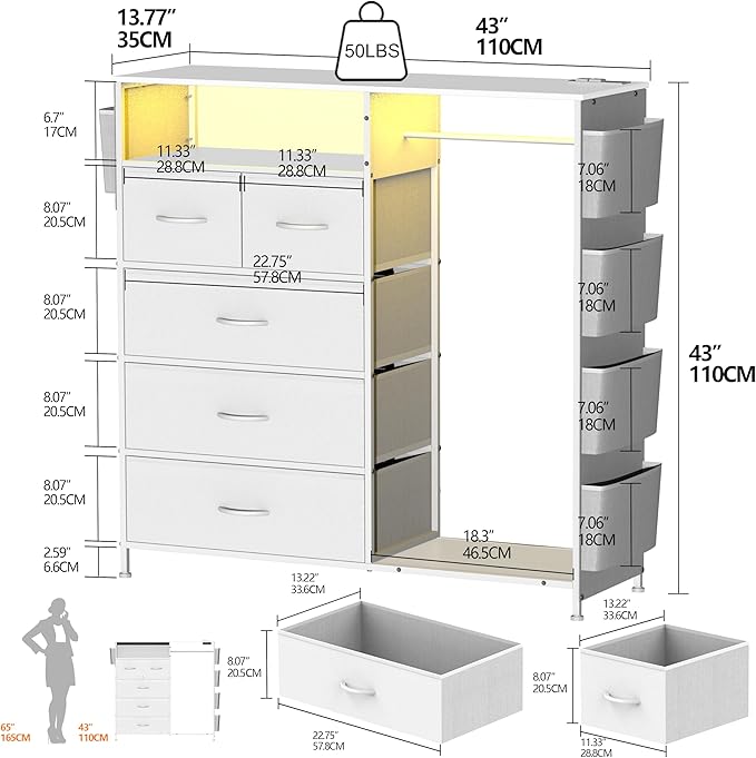 Espelism Dresser for Bedroom with Clothes Rack Side Pockets White 5 Drawers with Charging Station LED Lights Sturdy Steel Frame Wood Top Organizer Unit for Nursery Hallway Closet