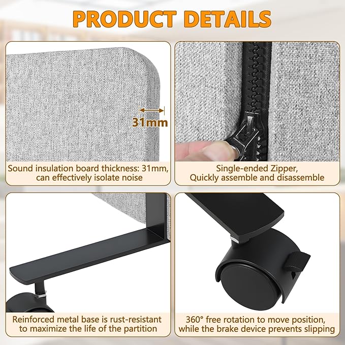 72"x66" Soundproof Room Divider Panel with Wheels, Office Partition Wall 3 Panel Portable Room Temporary Wall Privacy Screen for Office Home Classroom Divider Freestanding Light Grey