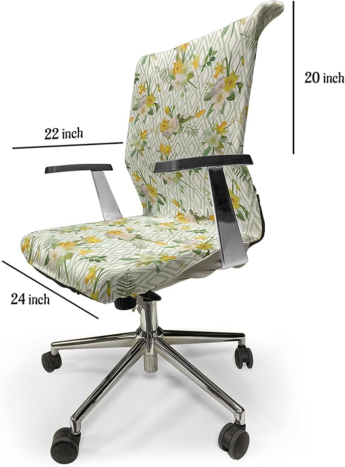 Ambesonne Watercolor Office Chair Cover, Diamond Pattern Blooming Floral Arrangement Petals and Leaves, Stretchable Decorative Universal Size High Back Printed Slipcover, Green Yellow