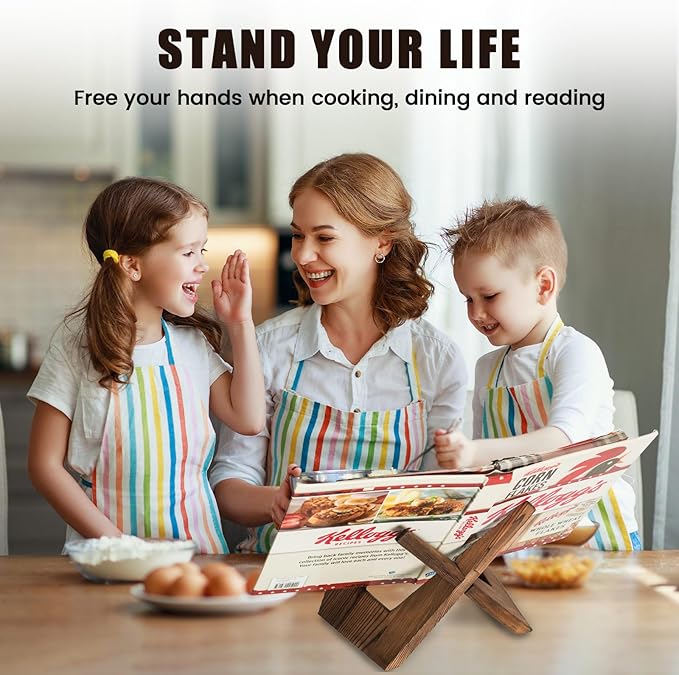Cookbook Stand for Kitchen, Wooden Cookbook Holder, Recipe Book Holder for Kitchen Counter, Rustic Cook Book Holder Stand - Brown