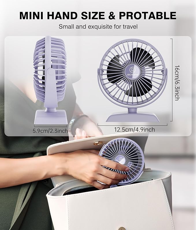 JZCreater USB Desk Fan, USB Fan Mini, 360 Rotation Desktop Fan with 3 Speed, Table Personal Cooling Fan, Quiet Mini Desk Fan, USB Powered, Small Fan for Home Office Bedroom Car Travel, Purple
