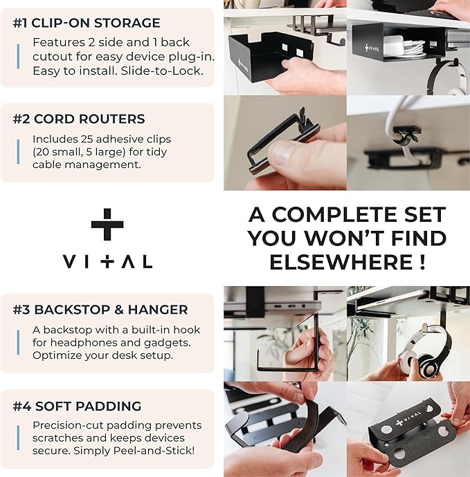 VI+AL Under Desk Laptop Mount - Hidden Metal Shelf with Side Storage, Hook & Cable Organizer - Installs with Tape & Screws - Fits Devices up to 1.7" Thick - Deluxe + LED (USB Light Strip & Remote)