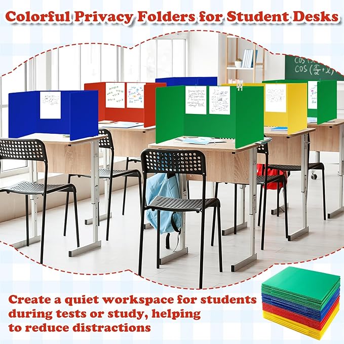 24 Packs Colorful Privacy Folders for Student Desk Durable Waterproof Plastic Divider Board Tri Fold Easy Clean Privacy Shield Divider with Sticker Clips and Clips for Classroom Teacher Supplies