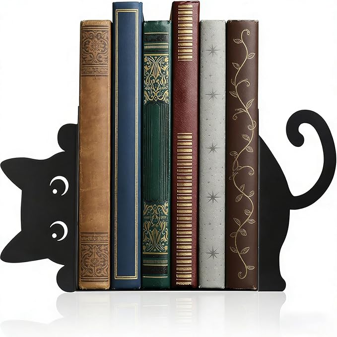 Peekaboo Cat Bookends for Shelves, Cute Black Metal Decorative Book Ends, Heavy Duty Rustproof Book Stoppers for Home Office & Study Desk, Ideal Gift for Cat Lovers & Book Lovers