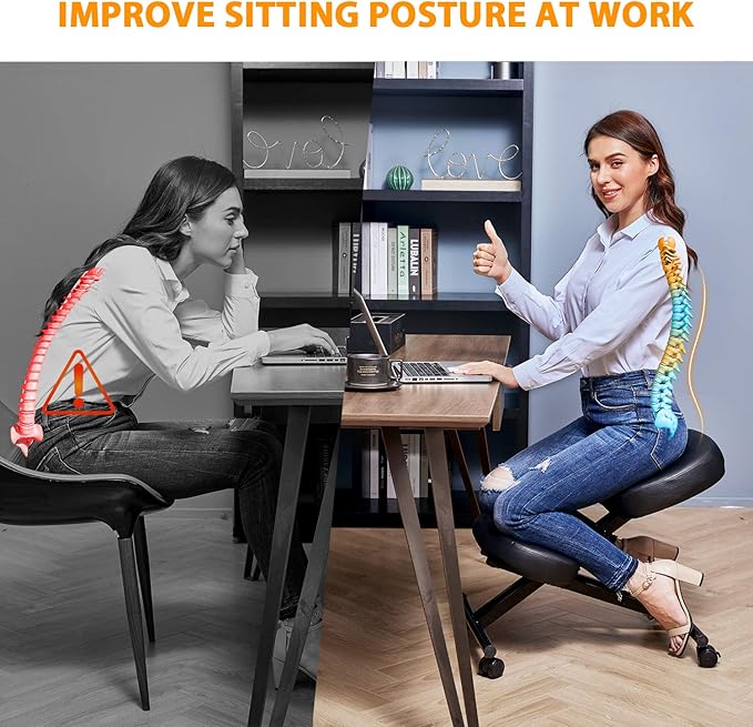 Himimi Ergonomic Kneeling Chair for Office - Faux Leather - Thick Comfortable Moulded Foam Cushions - Brake Casters, Adjustable Stool for Home & Office