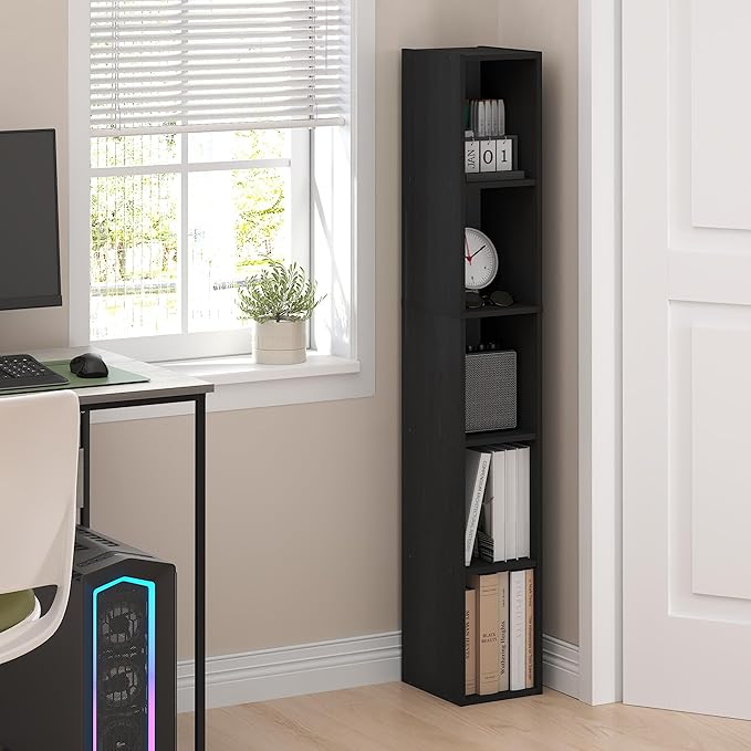 Furinno Fulda Book Shelf, 5-Tier Tall Narrow Bookshelf, Standing Bookcase with 8-in Width Storage Shelf, 9.3 x 7.9 x 51.9, for Organization Storage, for Living Room, Bedroom, Home Office, Blackwood