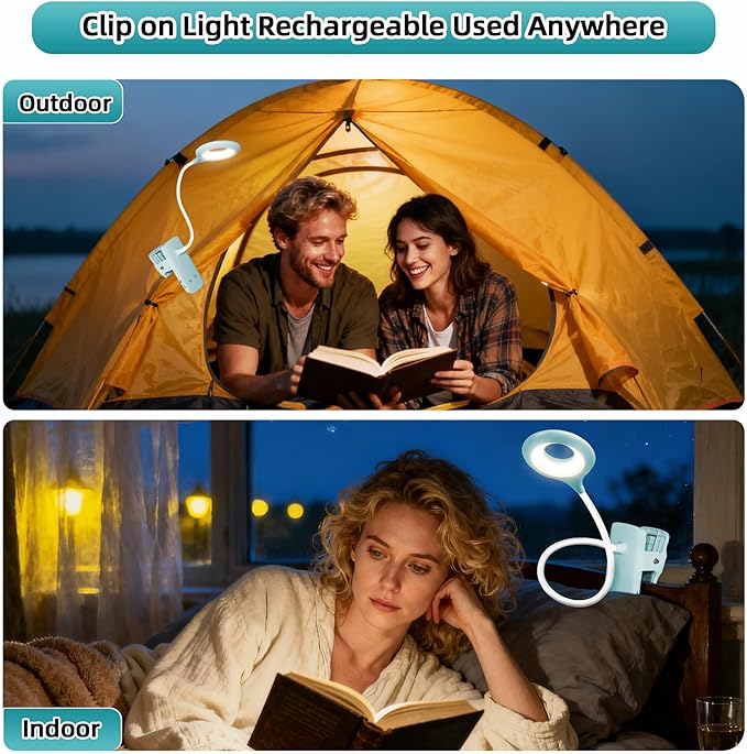 Akynite Desk Lamp LED Clip on Light, 5 Modes 5 Brightness Dimmable Clamp Light, Rechargeable Battery Flexible Clip on Reading Lamp for Bed Headboard Bunk Bed at Night for Kids (Blue)