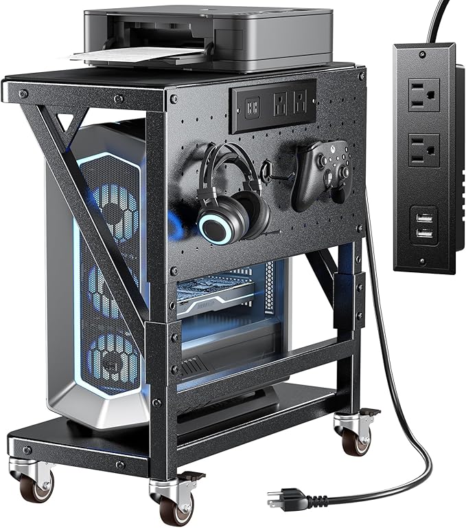 POKIPO Computer Tower Stand with Charge Station and USB Port,Pc CPU Holder Cart for Floor Carpet with Wheels,Heavy Duty Metal,Adjustable Height,Rolling Pc Printer Desktop Under Desk for Home Office