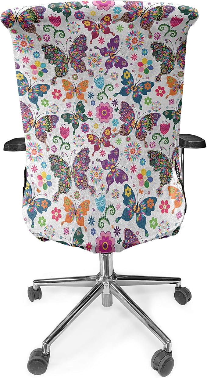 Ambesonne Butterfly Office Chair Cover, Sixties and Seventies Inspired Complex Image with Floral Elements and Butterflies, Stretchable Decorative Universal Size High Back Printed Slipcover, White Pink