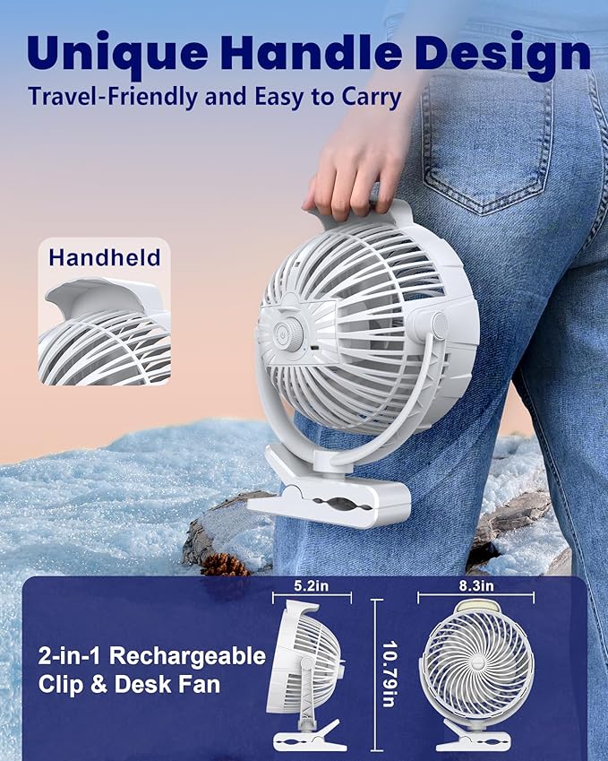 10000mAh Clip on Fan, 8-Inch Golf Cart Fan Rechargeable with LED Light, 9 Speeds Strong Airflow, Ultra Quiet, 30Hrs Runtime, 360° Rotation, Cooling for Bed Camping Office Desk Dorm, White