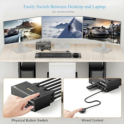 8K@60Hz HDMI DisplayPort KVM Switch 3 Monitors 2 Computers 4K@144Hz Triple Monitor KVM Switches 2 PC Share 3 Monitor and 4 USB3.0 Devices with 2 DP+1 HDMI+2 USB Cables/Power Adapter/Controller