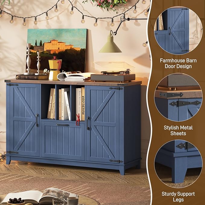 Vabches Lateral File Cabinet with File Drawer, Farmhouse Filing Cabinet with Storage Shelves for Legal/A4/Letter Size Hanging Files, Large Modern Printer Stand for Home Office (Navy Blue and Brown)