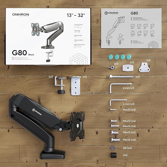 ONKRON Monitor Arm from 13 to 32 Inches - Desk Monitor Bracket in Black Colour with Weight up to 8 kg - PC Screen Support Max VESA 100x100mm - PC Screen Holder Swivel Desk G80-B