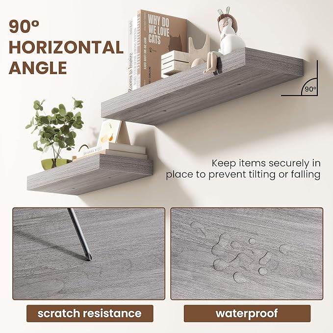 Acovy 48 Inch Floating Shelves for Wall 2 Pack, 48" Wall Shelves for Books, Storage, Decor, Wall Mounted Floating Shelf with Invisible Brackets for Kitchen, Living Room, Gray