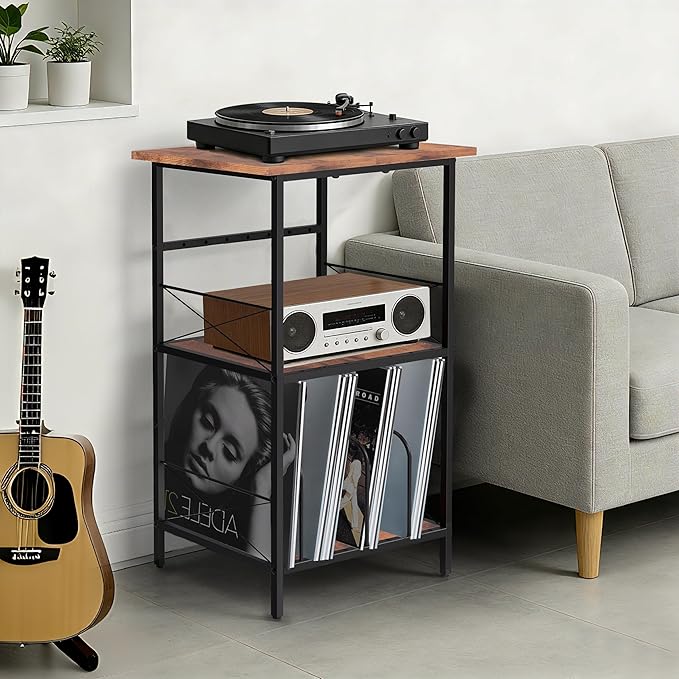 Record Player Stand with 4 Adjustable Dividers, Vinyl Record Storage Holds 200 LPs, 3 Layer End Table, Multi-Functional Record Player Table for Home, Rustic Brown