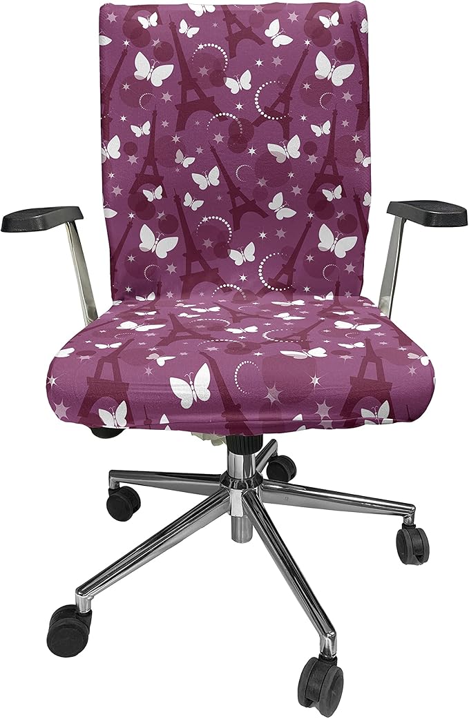 Ambesonne Eiffel Office Chair Cover, Abstract Composition with Towers White Butterflies and Stars Ethereal Display, Stretchable Decorative Universal Size High Back Printed Slipcover, Violet White