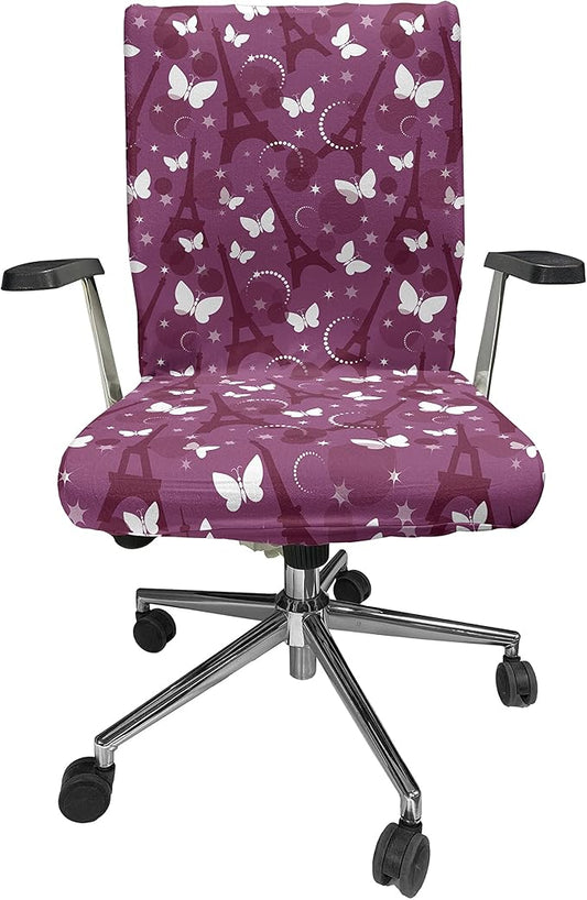 Ambesonne Eiffel Office Chair Cover, Abstract Composition with Towers White Butterflies and Stars Ethereal Display, Stretchable Decorative Universal Size High Back Printed Slipcover, Violet White