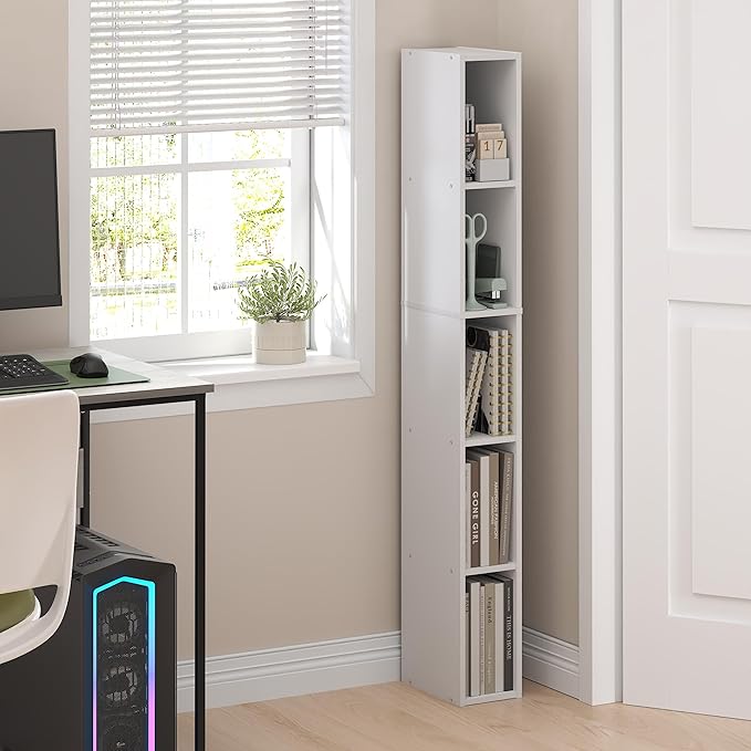 Furinno Fulda Book Shelf, 5-Tier Tall Narrow Bookshelf, Standing Bookcase with 6-in Width Storage Shelf, 9.3 x 5.9 x 51.9, for Organization Storage, for Living Room, Bedroom, Home Office, White