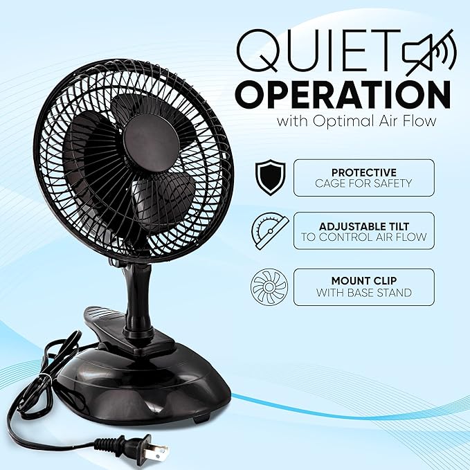RamPro Portable Desk and Clip on Fan, 6 Inch Fans Small and Quiet Plug In, Small Personal Cooling Fan for Desk Home Bedroom Office, 2 Speed, Adjustable Tilt, Black, 2 Pc