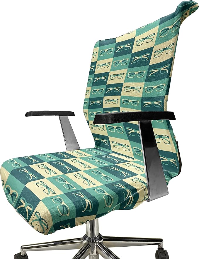 Ambesonne Indie Office Chair Cover, Pattern with Eyeglasses in Vintage Style Hipster Cool Design Modern, Stretchable Decorative Universal Size High Back Printed Slipcover, Green Blue