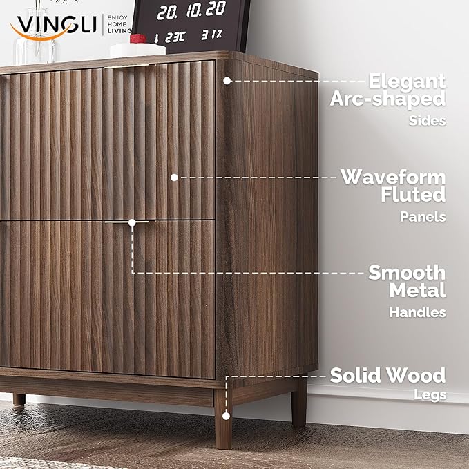 VINGLI 2 Drawer File Cabinet, Home Office Filing Organizer, for Letter Legal A4 Size File Folder Storage, Modern Style Fluted Design, Wood Lateral Filing Cabinet, Printer Stand, Dark Walnut