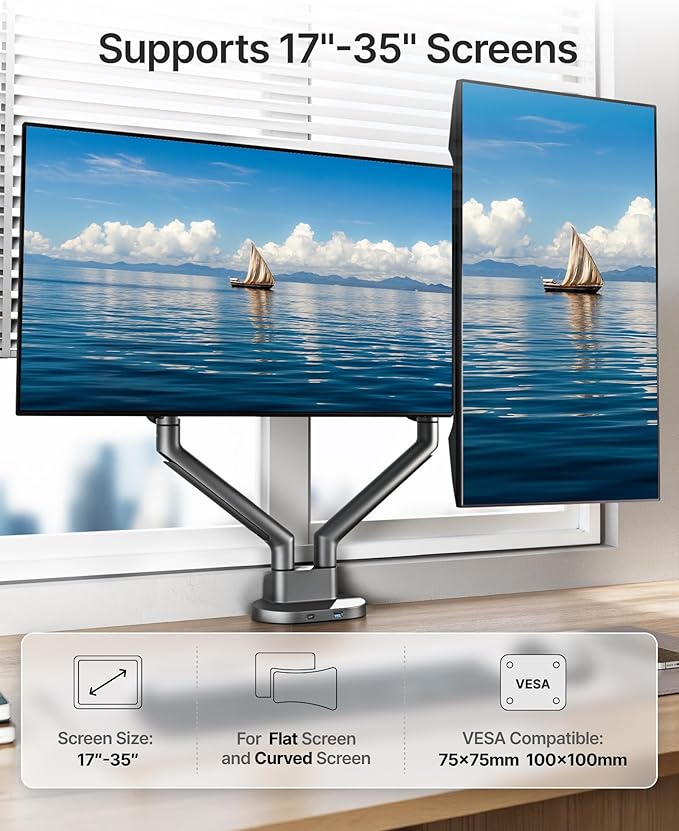 monTEK Dual Monitor Stand Mount with USB for Up to 35" Screens, Each Arm Holds Max 24.3lbs, Full Motion Adjustable Monitor Arm Desk Mount with C-Clamp/Grommet, VESA 75/100mm,Gray