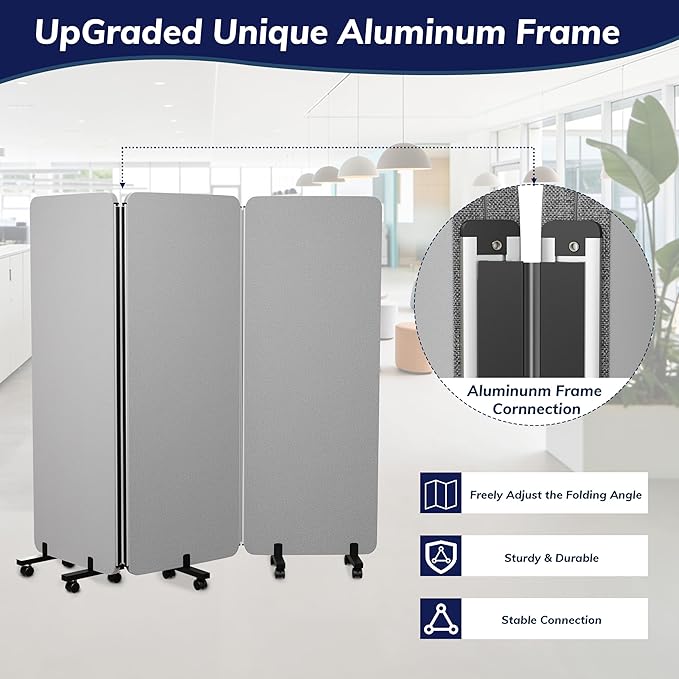 3 Panel Foldable Office Partitions, Mobile Cubicle Wall with Wheels, 71 x 66 Inch Noise Cancelling & Sound Proof Room Dividers Partition Wall, Aluminum Frame Gray