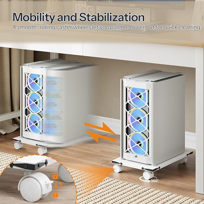 HOOBRO Mobile PC Stand, Ventilated Computer Tower Stand, PC Tower Holder with 4 Caster Wheels, CPU Holder Under Desk Fits Most Computer, for Office, Gamers, White WT46CJ01