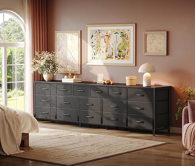 Huuger 77.6" Long Dresser for Bedroom, 16 Drawer Fabric Dresser for Closet, Wide Chest of Drawers with Storage, TV Stand for 65, 75, 85 Inch TV, 77.6" W x 12.9" D x 26.7" H, Black