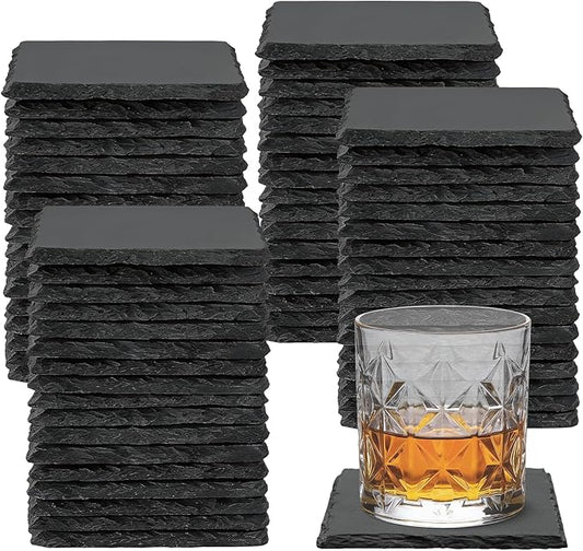 68 PCS Square Slate Drink Coasters Set, SIJDIEE 4 Inch Laser Engraving Black Slate Stone Coasters with Anti-Scratch Bottom and Coaster Holder for Office Bar Kitchen Home Dinner Table Decor Supplies