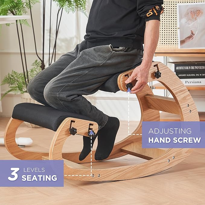 Ergonomic Kneeling Chair,Adjustable Rocking Knee Chair for Home Office,Wooden Office Chair for Back Pain Relief, Black