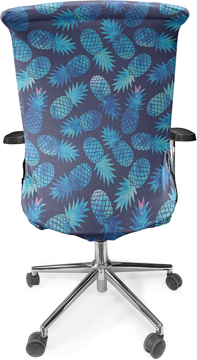 Ambesonne Modern Office Chair Cover, Pineapple Pattern Exotic Fruit in Digital Watercolor Illustration, Stretchable Decorative Universal Size High Back Printed Slipcover, Night Blue