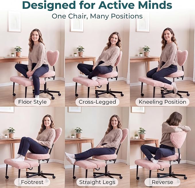 Ergonomic Cross Legged Office Chair with Foot Rest for Kneeling Seating - Crisscross Desk Chair with Wheels for ADHD to Sit Cross Legged - Multi-Position Adjustable Seat with Back Support for Women