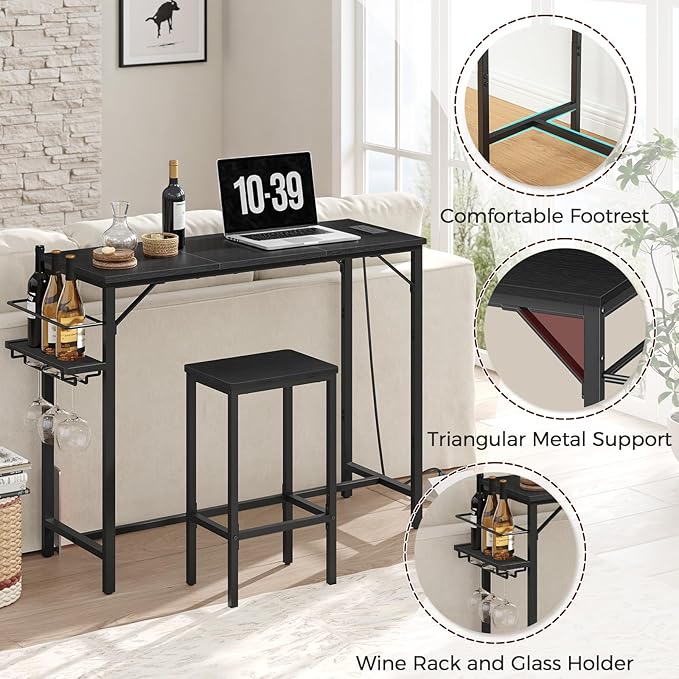 MAHANCRIS Bar Table, 35.4-Inch Counter Height Pub Table with Charging Station, Rectangular Dining Table with Wine Rack and Glass Holder, High Top Cocktail Tables, for Kitchen, Black（Only Table）
