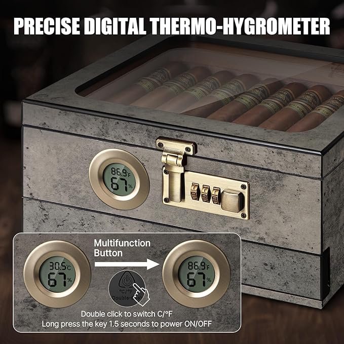Tesonway Cigar Humidor,Cedar Wood Humidor Cigar Box,Glass Top Desktop Humidor with Digital Thermo-Hygrometer, Humidifier, Divider, Accessories Drawer and Combination Lock,Cigar Gift for Men